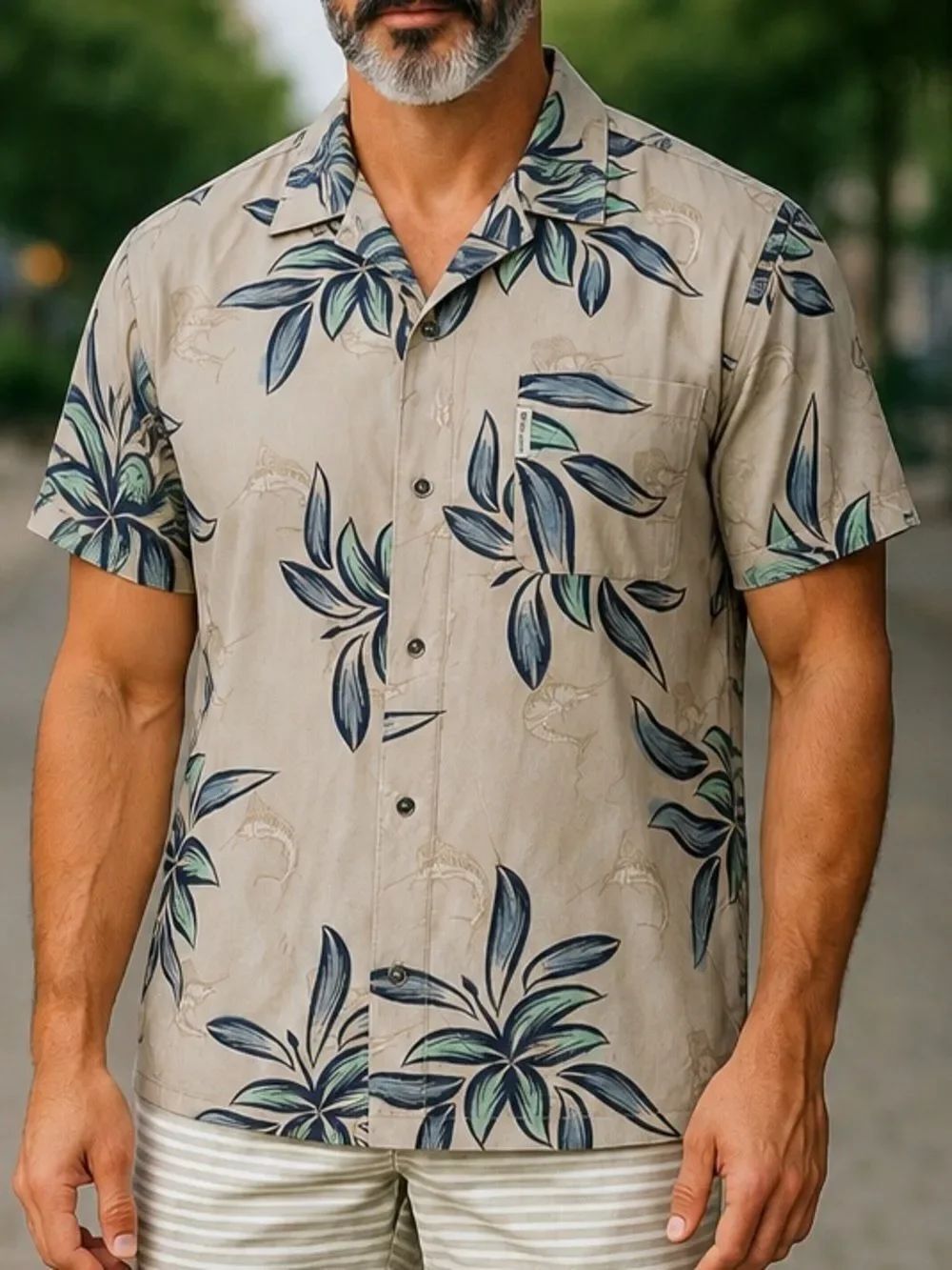 Columbia Men’s Hawaiian Camp Shirt Beige Floral w/Marlin Button Front Size L